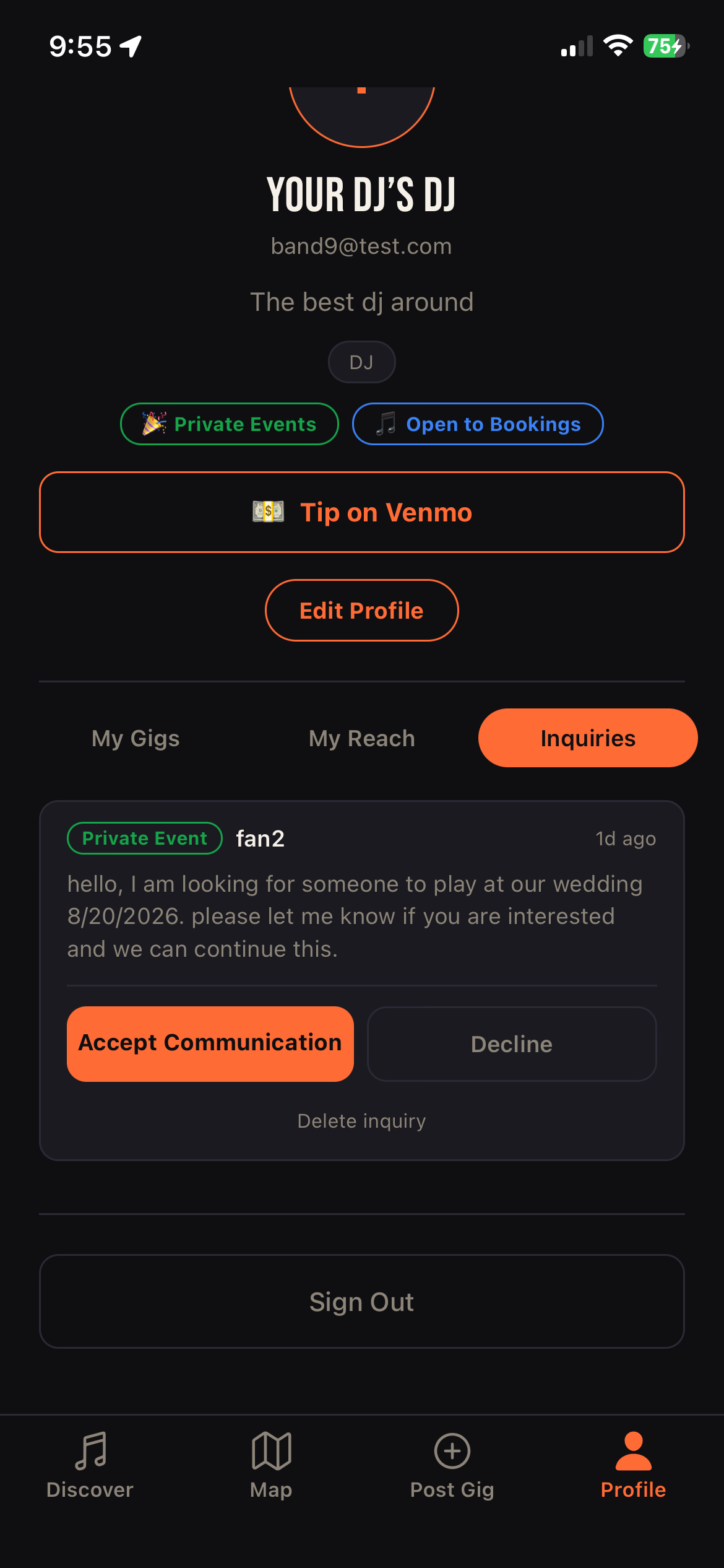 Artist inbox — Receive Inquiry